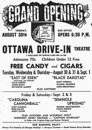 M-104 Drive-In Theatre - Ottawa Grand Opening Ad 8-29-55 (newer photo)